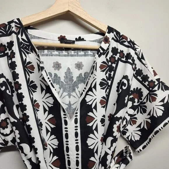 Ann Taylor Linen Blouse Top Women Size M White Floral Waist Tie Casual Feminine - Picture 2 of 9